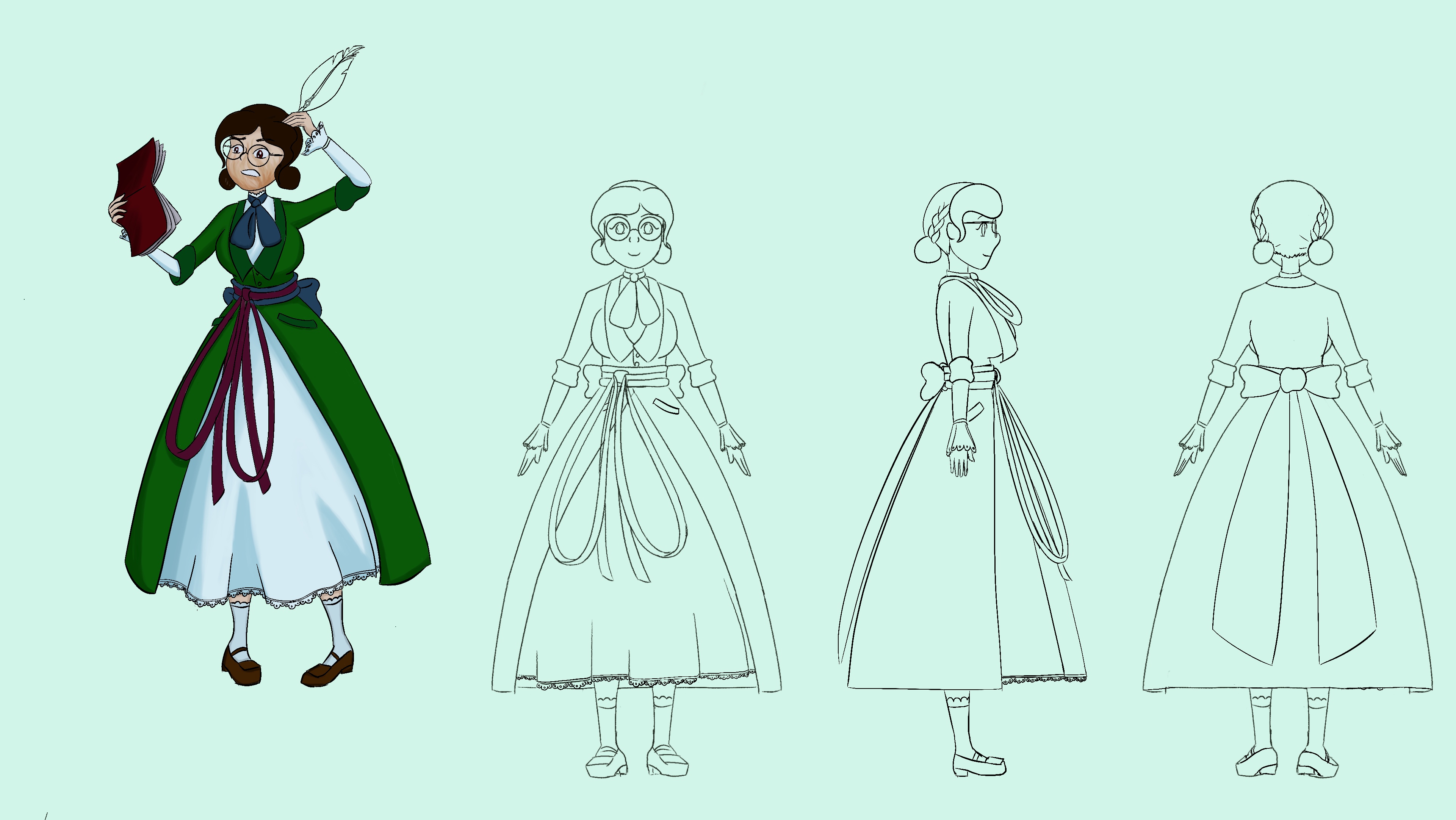 Concept and turnarounds for scholar character. She is the protagonist for the Inbetween animatic that can be viewed on my YouTube or my Storyboards Tab.